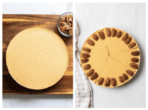 The pumpkin cheesecake removed from the springform pan, and shown cut in slices and garnished with pecans.